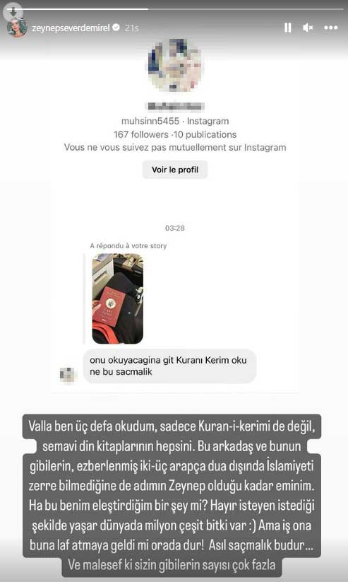 zeynep demirel den kuran oku diyen takipcisine sert cevap